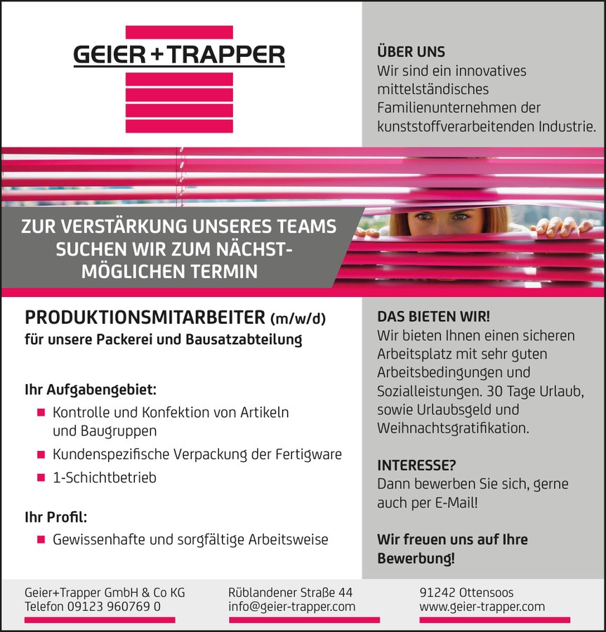 Stellenanzeige Geier + Trapper: Produktionsmitarbeiter (m/w/d) für Packerei und Bausatzabteilung